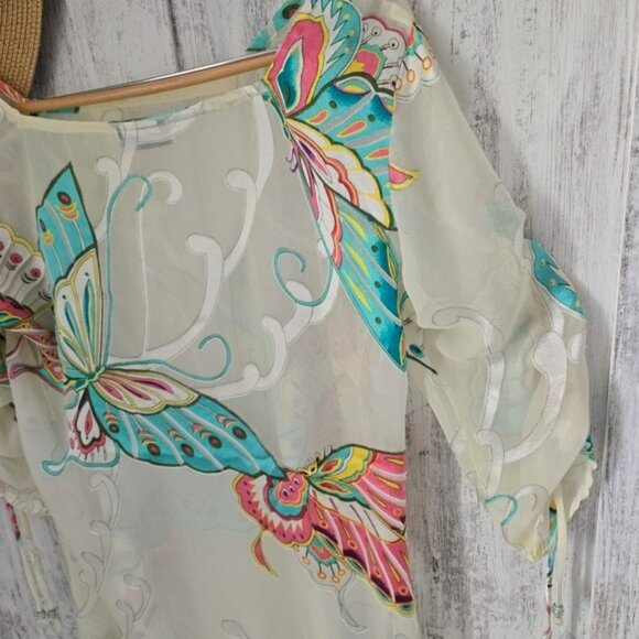 Surface Women's Oversized Sheer Blouse Size Medium Butterflies Beach Coverup - Picture 3 of 13